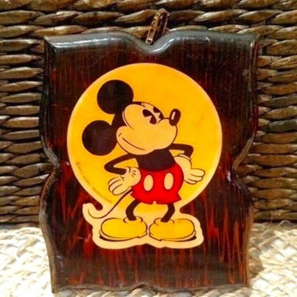 Vintage 1970's Mickey Mouse Sticker on Wood Plaque, EUC